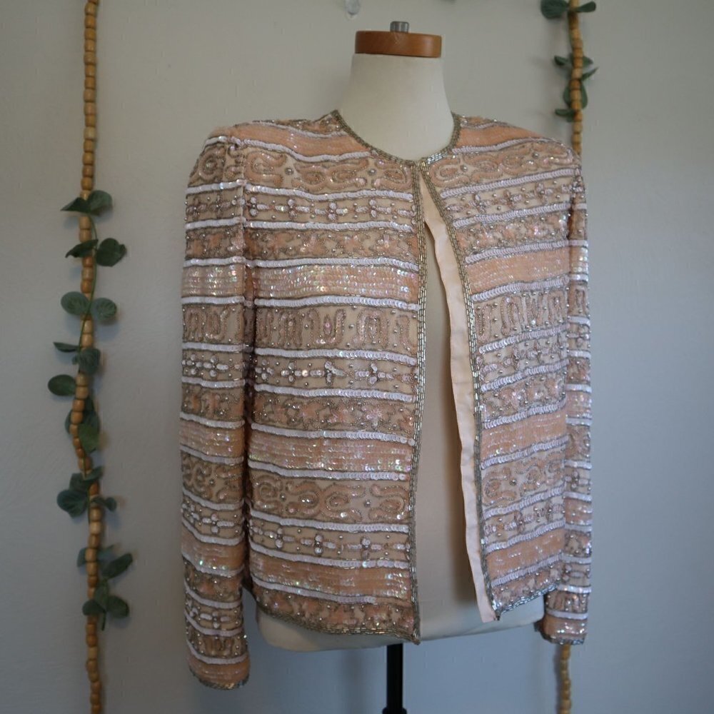 Vintage Peach Piccalino Petites Beaded Evening Jacket Size 6